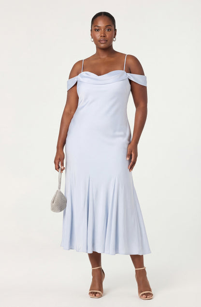 Araxie Satin Off-Shoulder Godet Midi Dress