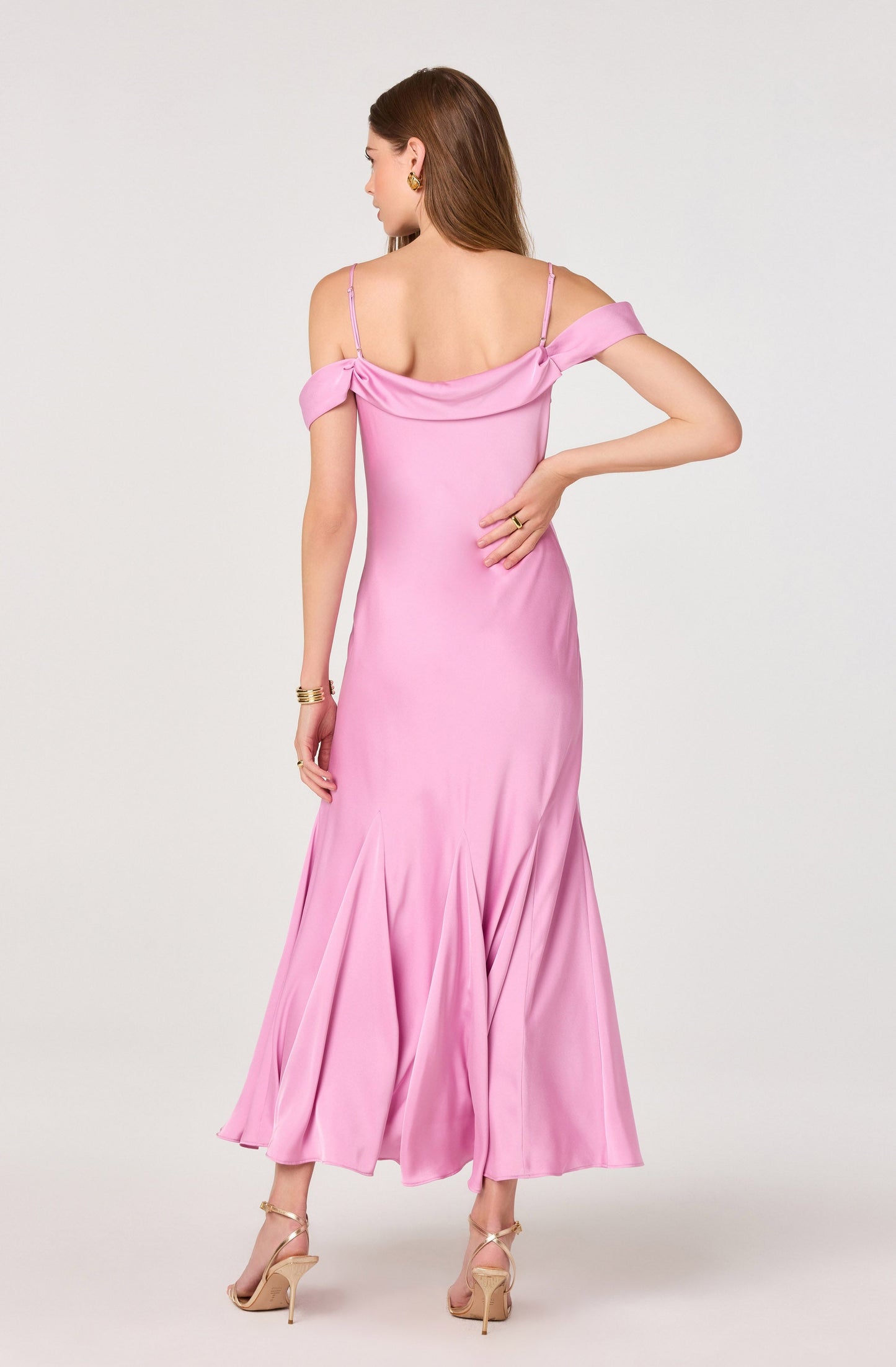 Araxie Satin Off-Shoulder Godet Midi Dress