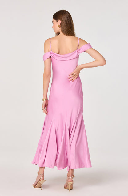 Araxie Satin Off-Shoulder Godet Midi Dress