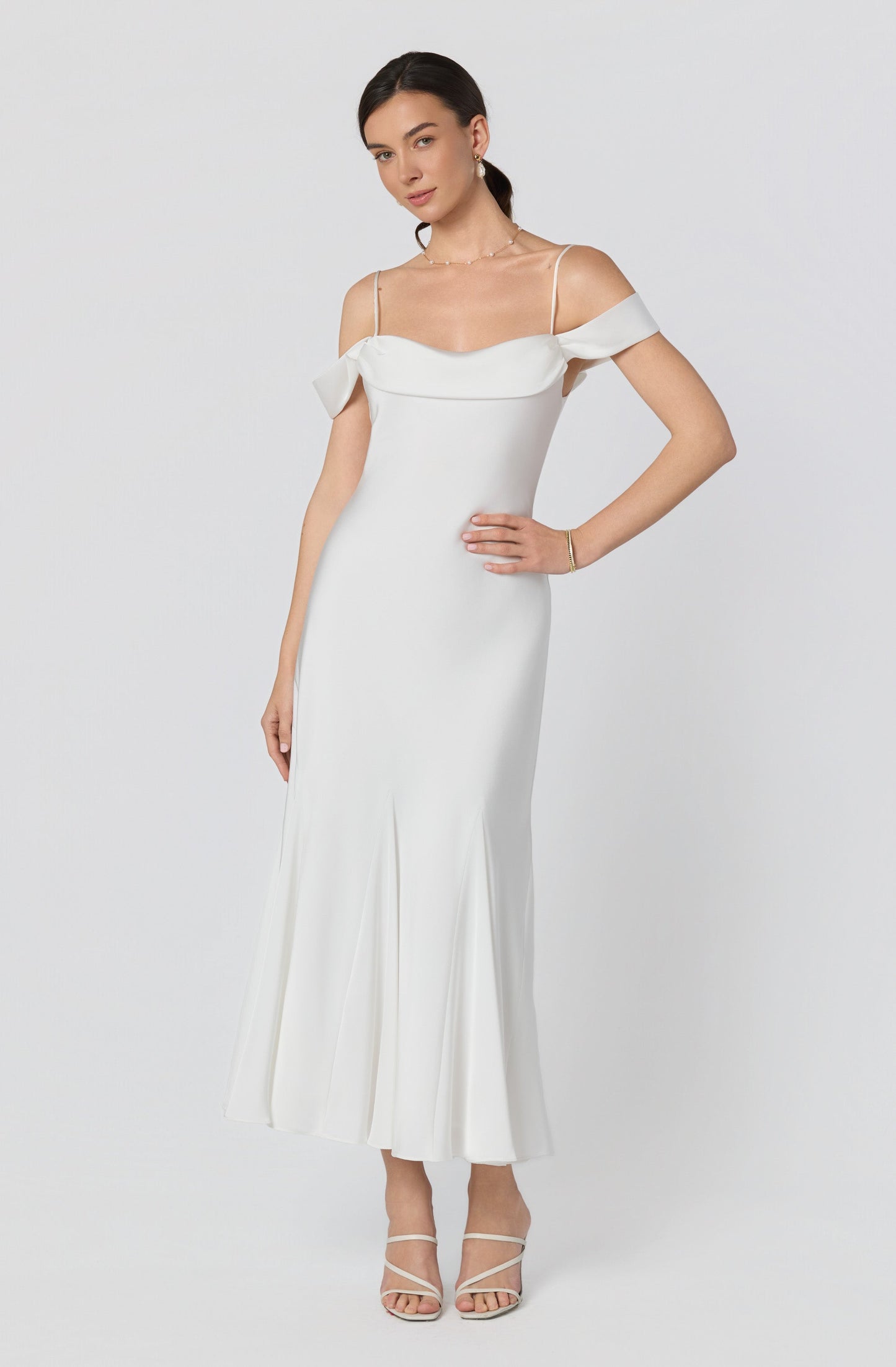 Araxie Satin Off-Shoulder Godet Midi Dress