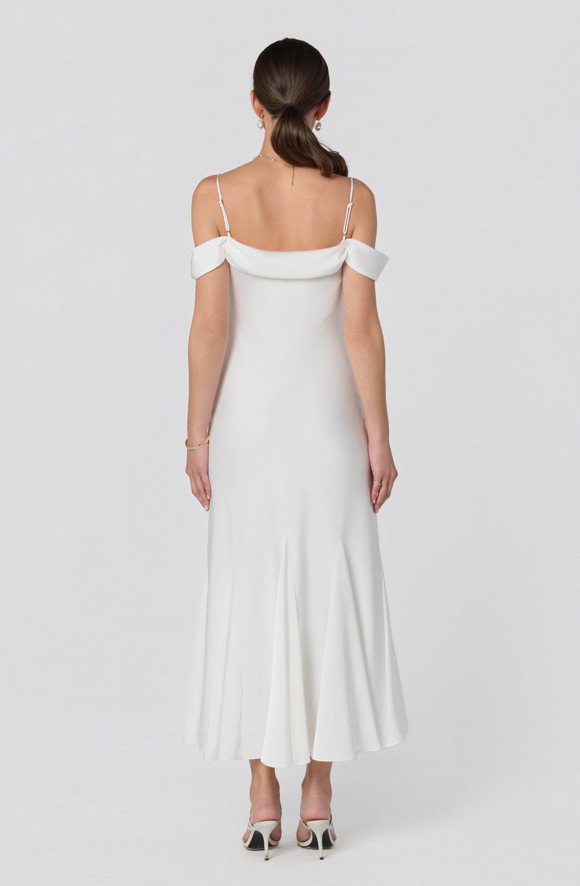 Araxie Satin Off-Shoulder Godet Midi Dress
