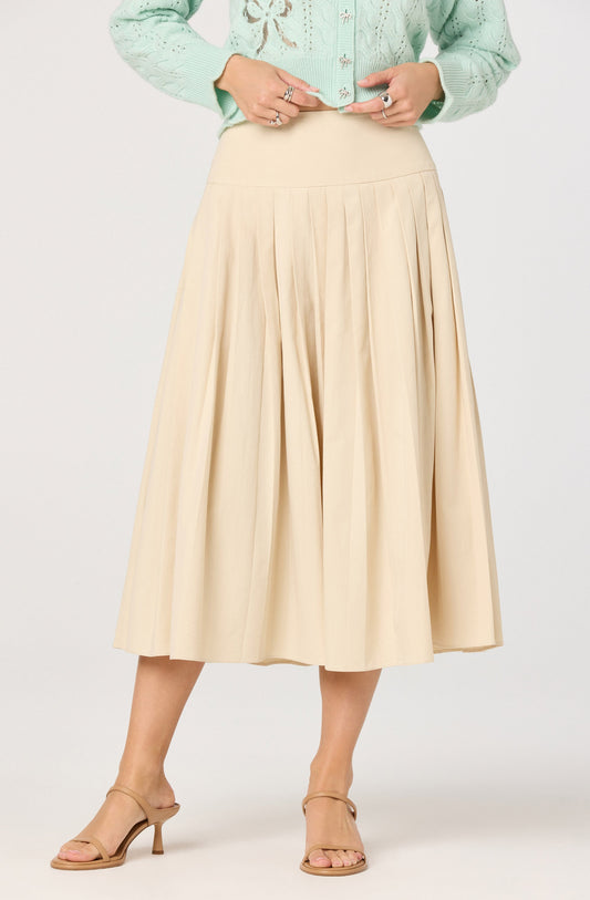 Aubrianna Pleated Drop-Waist Midi Skirt