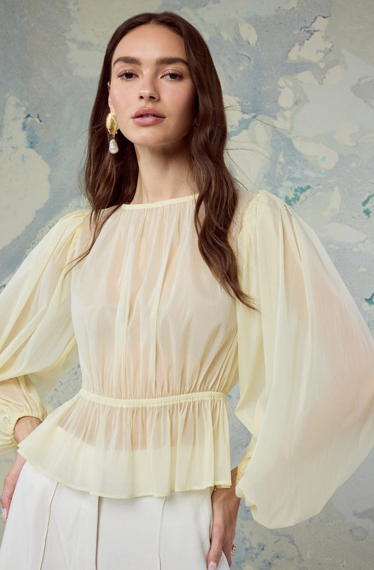 Amie Shirred Balloon Sleeve Peplum Top