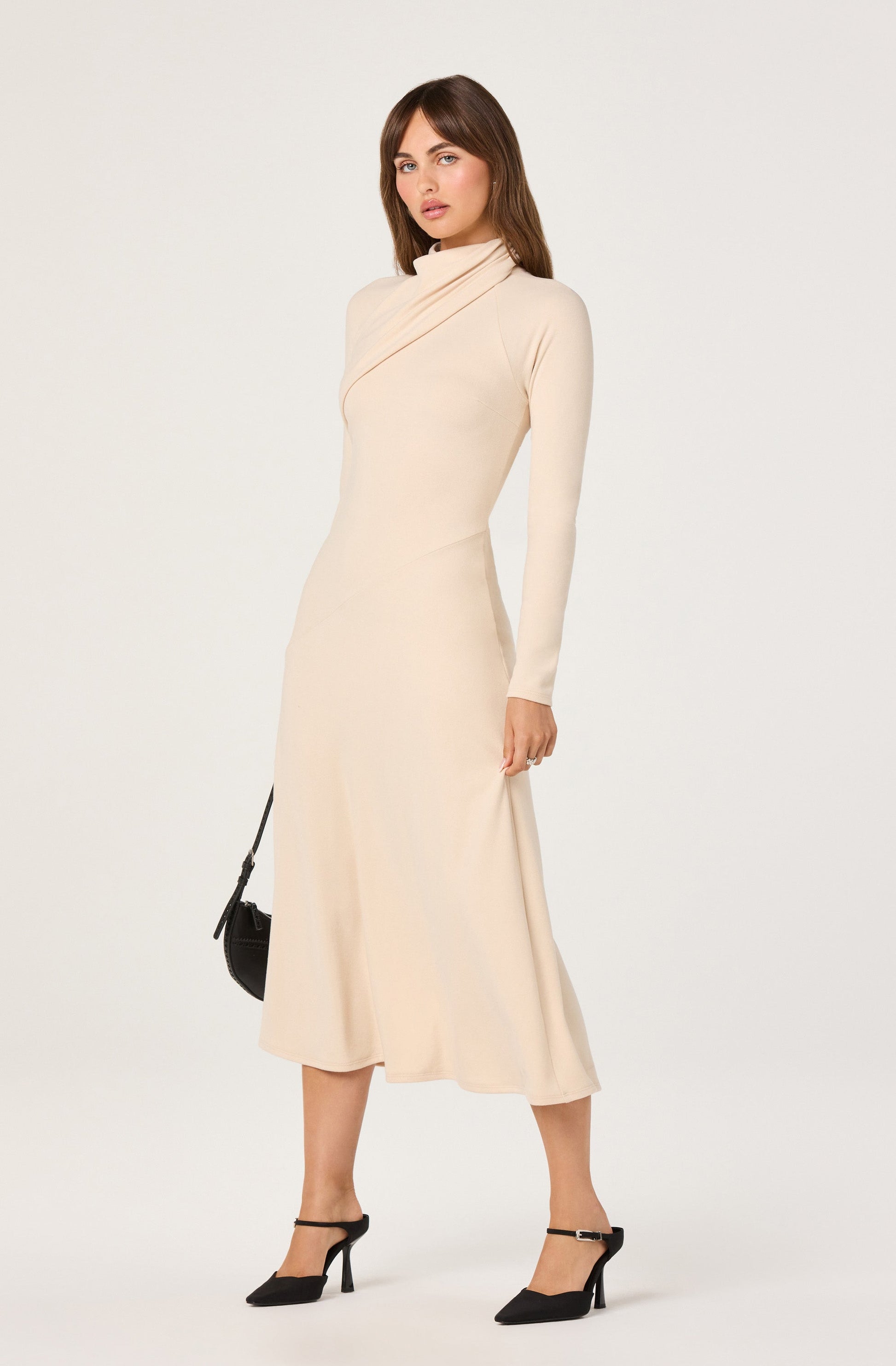 Asymmetric Draped Mock Neck Midi Dress