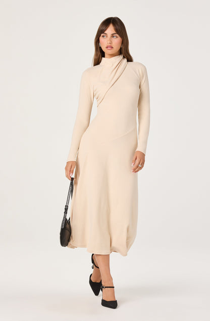 Asymmetric Draped Mock Neck Midi Dress