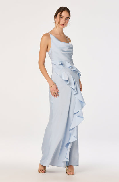 Adelina Satin Ruffle Maxi Dress