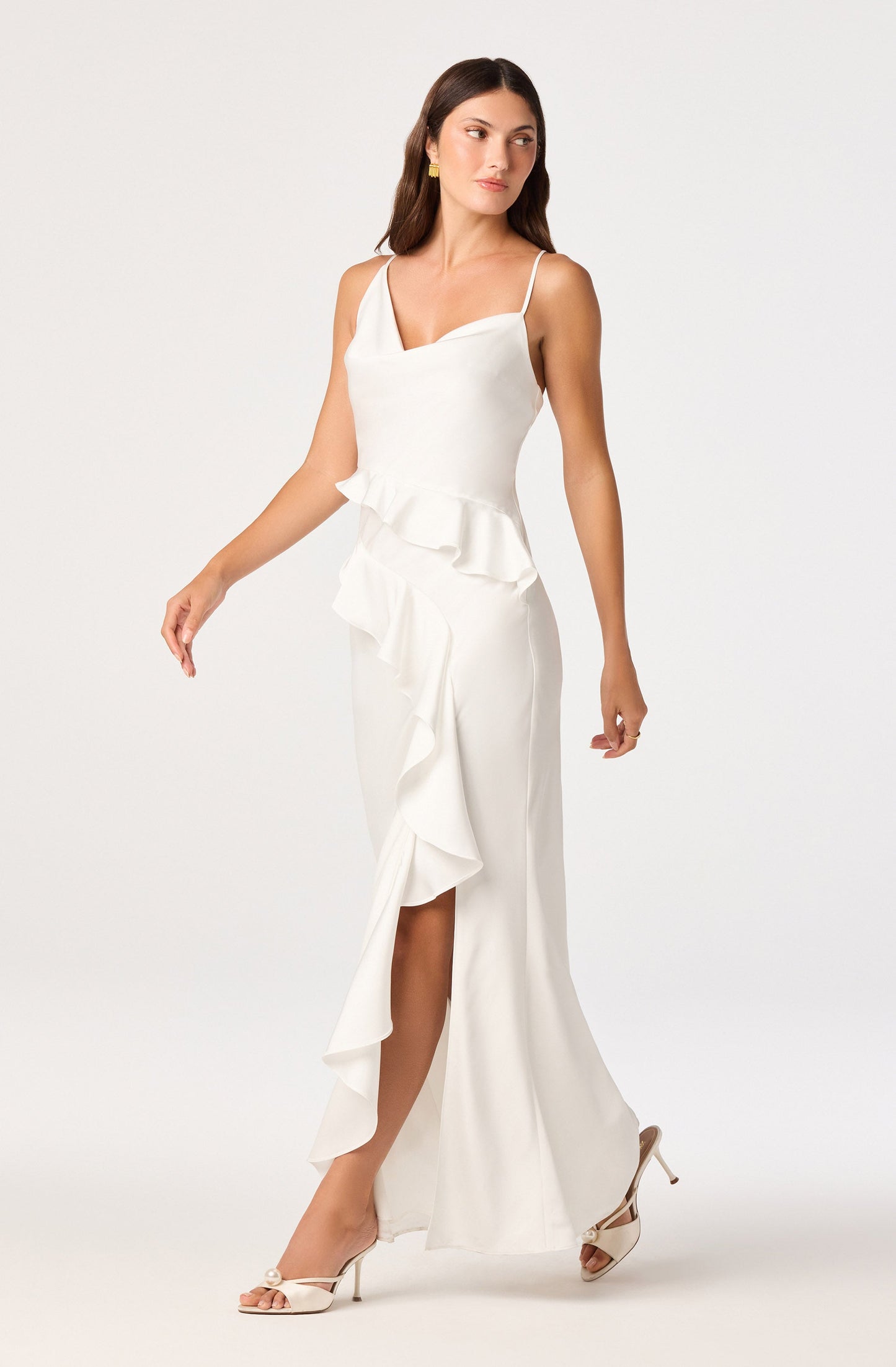 Adelina Satin Ruffle Maxi Dress