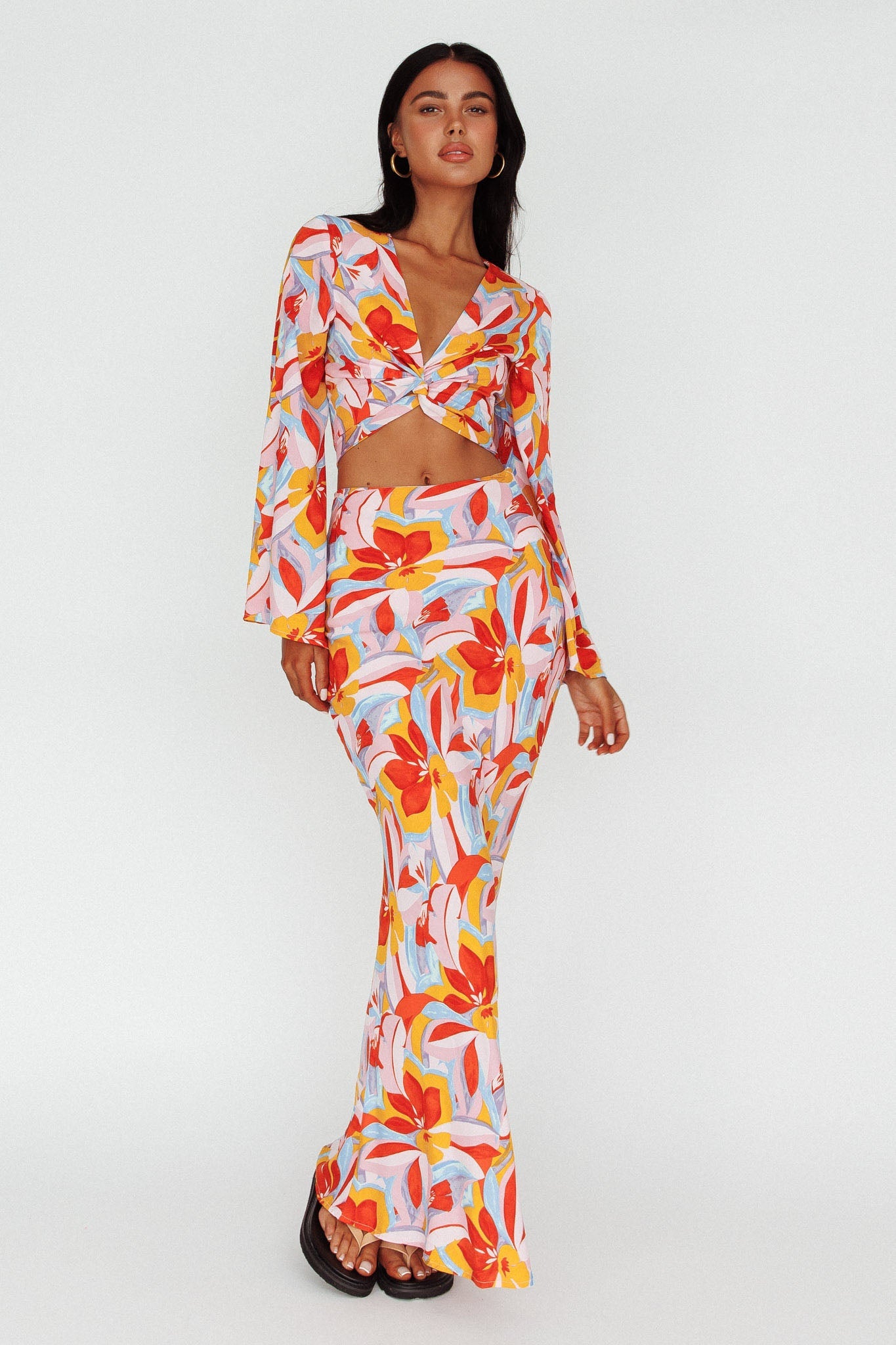 Avalo Bell Sleeve Crop Top Floral Pink