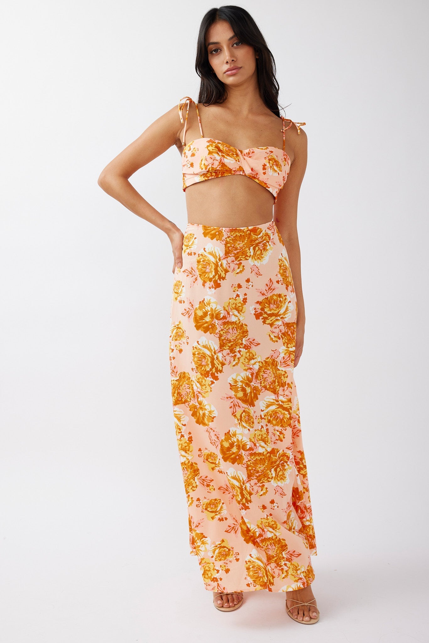 Gabbi Tied Shoulder Crop Top Floral Orange