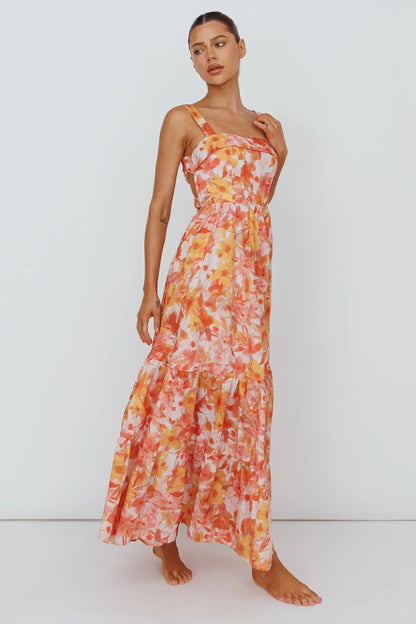 Lisseth Foldover Neckline Midi Dress Floral Red