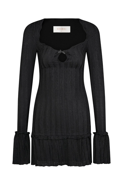Daphne Pointelle Long Sleeve Mini Dress - Black