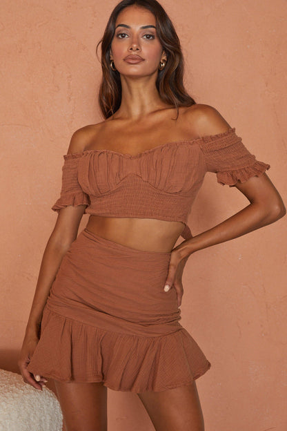 Rise And Shine Shirred Bodice Tied Back Crop Top Latte