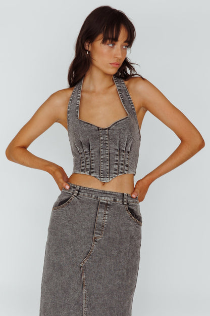 Zurich Halter Crop Top Denim Grey