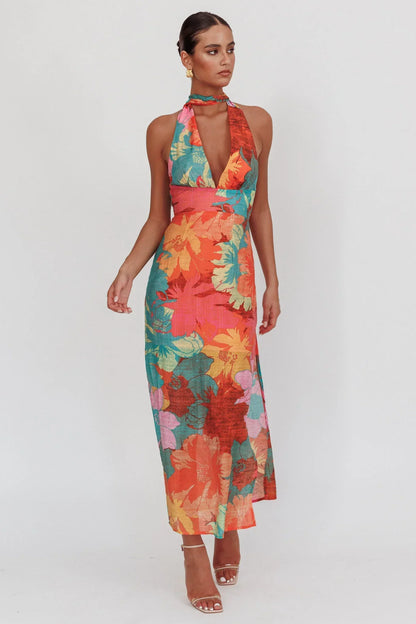 Cipriana Backless Halter Maxi Dress Floral Pink