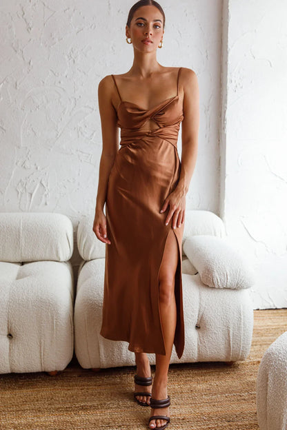 Invite Only Twisted Bust Satin Midi Dress Chocolate