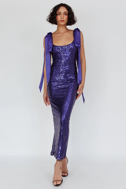 Birthday Wish Tied Shoulder Sequin Maxi Dress Blue