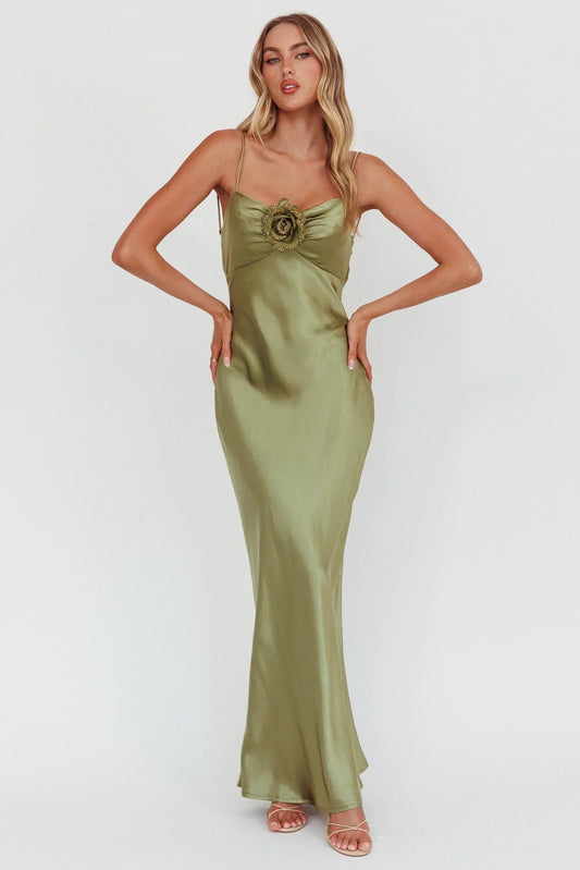 High Roller Cowl Back Rosette Maxi Dress Olive