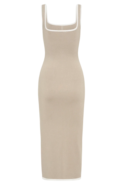 Eimear Contrast Knit Midi Dress - Taupe & Ivory