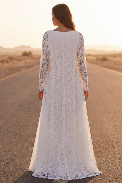 White Maxi Lace V-Neck A Line Boho Wedding Dress with Cape