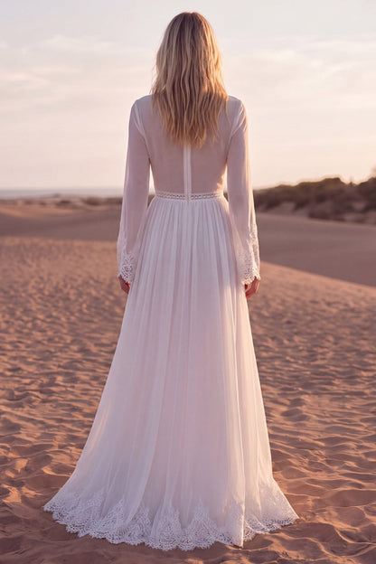 A Line V-Neck White Long Sleeves Beach Western Wedding Dress with Lace