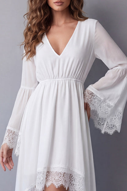 White V-Neck A Line High Low Beach Western Wedding Dress with Lace