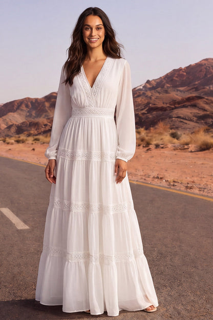 Long Sleeves White Floor Length V-Neck A Line Wedding Dress with Lace