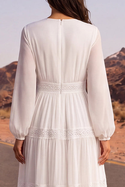 Long Sleeves White Floor Length V-Neck A Line Wedding Dress with Lace