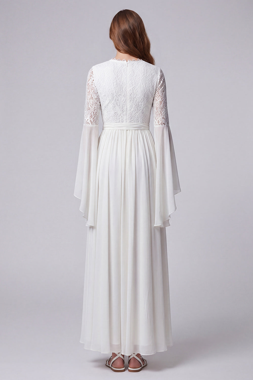 Flare Sleeves White V-Neck A Line Long Beach Wedding Dress with Lace