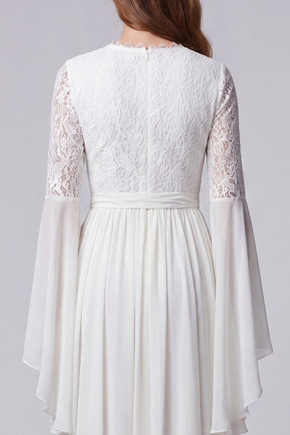 Flare Sleeves White V-Neck A Line Long Beach Wedding Dress with Lace