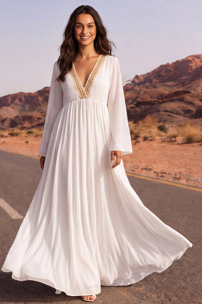 A Line Long Sleeves White Floor Length V-Neck Beach Wedding Dress with Sleeves