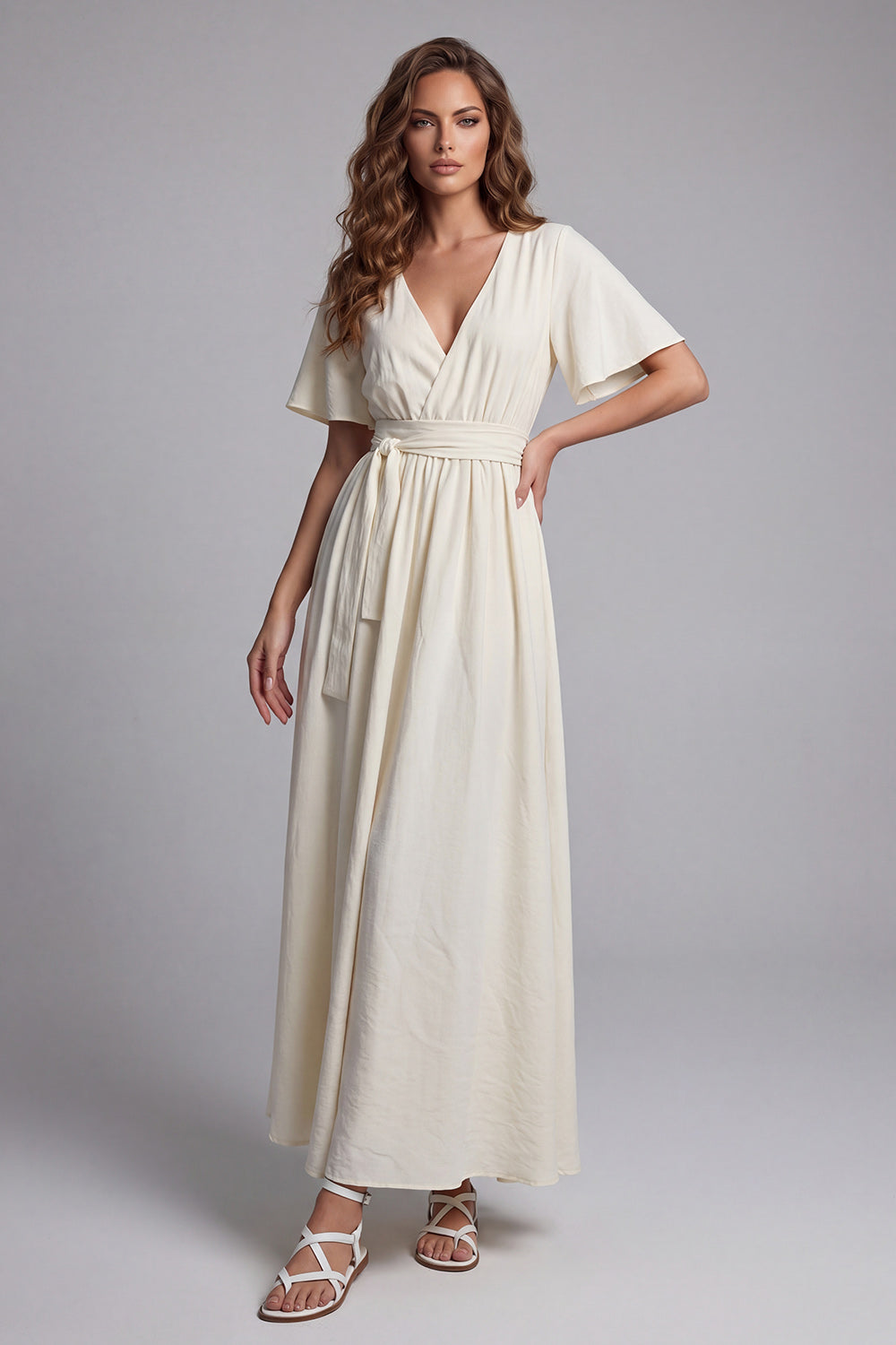 Short Sleeves Apricot V-Neck A Line Maxi Beach Wedding Dress with Sash