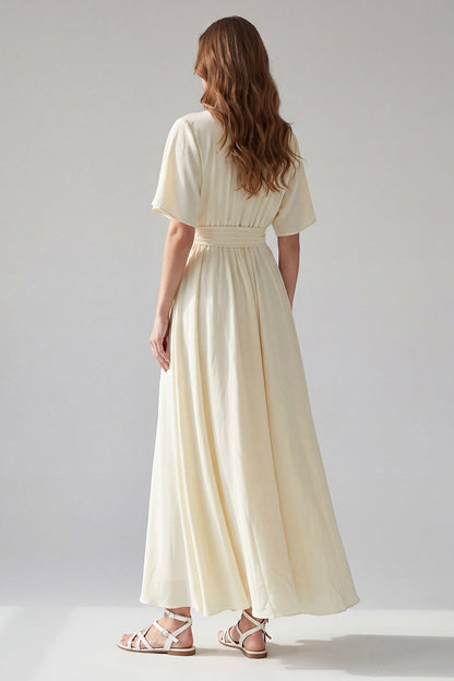 Short Sleeves Apricot V-Neck A Line Maxi Beach Wedding Dress with Sash