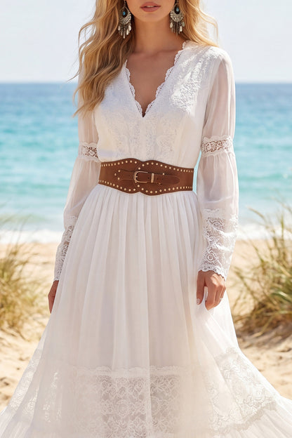 Long Sleeves A Line White Long V-Neck Western Wedding Dress with Belt