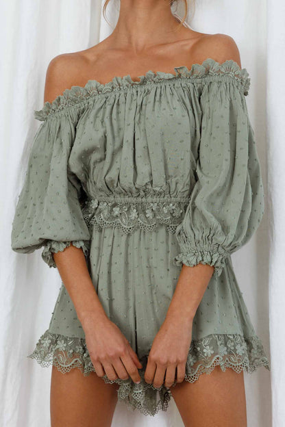 Romilly Scalloped Lace Trim Off-Shoulder Top Olive