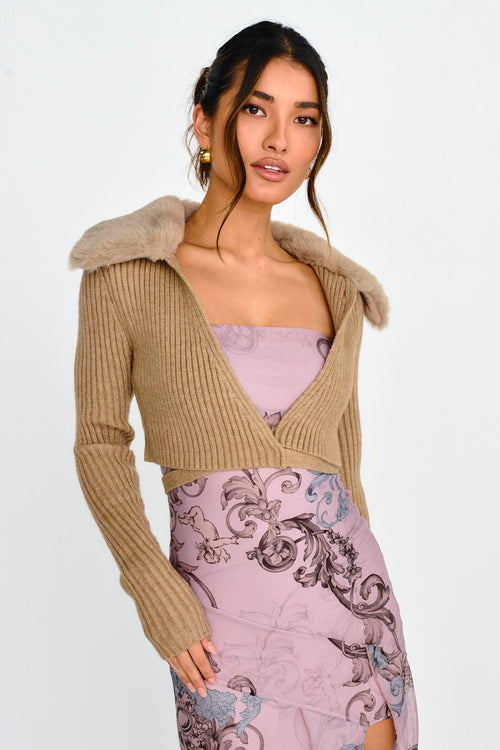 Hollyoak Fur Collar Knit Crop Top Oatmeal