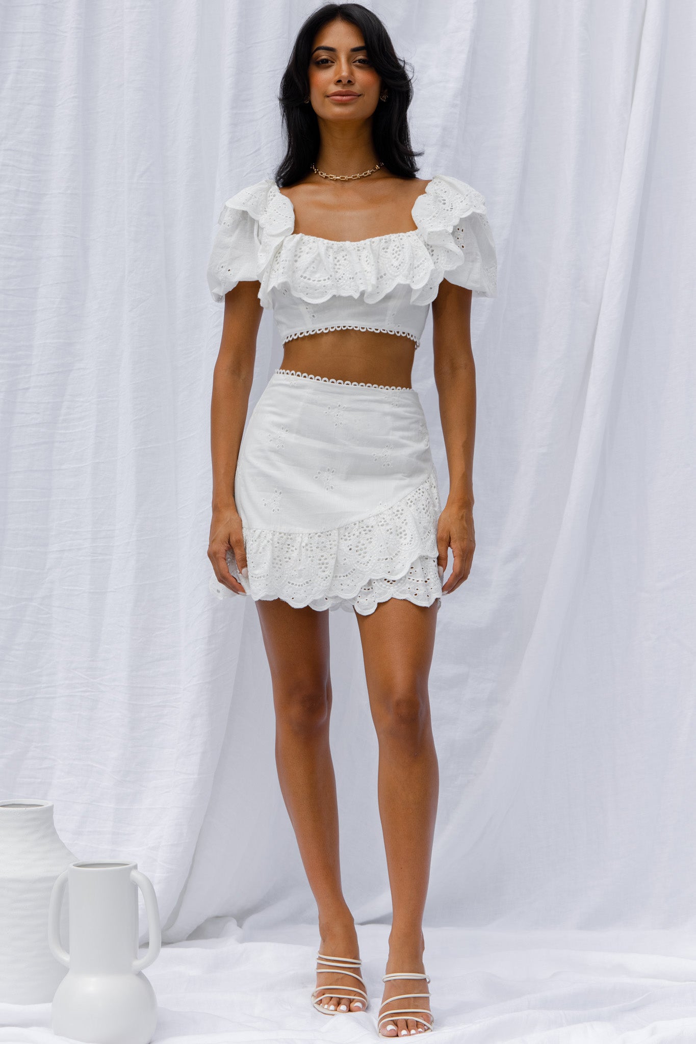 New Moon Ruffle Trim Puff Sleeve Eyelet Crop Top White