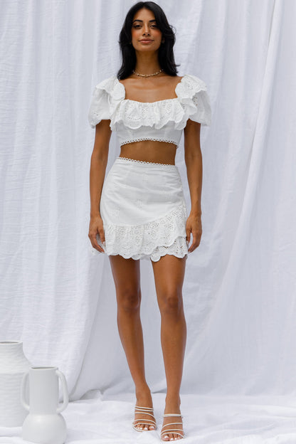 New Moon Ruffle Trim Puff Sleeve Eyelet Crop Top White