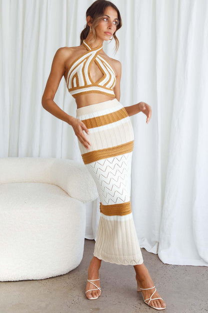 Higher Love Knit Halterneck Crop Top Striped Camel