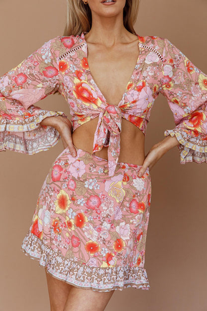 Island Girl Long Sleeve Tied Crop Top Floral Pink