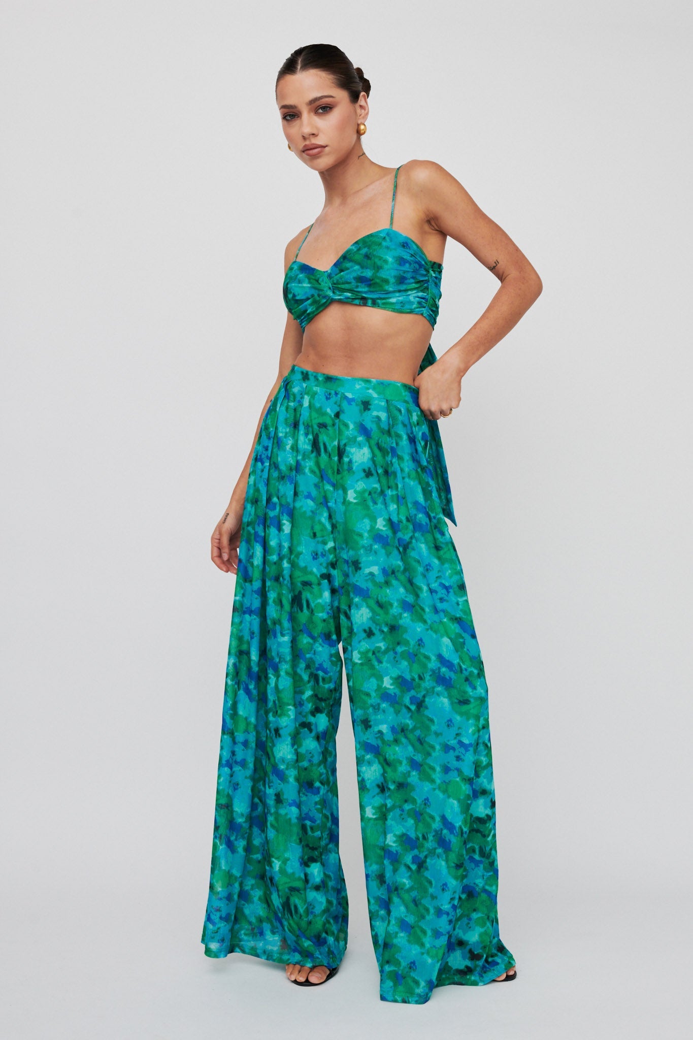 Tammi Tied Back Crop Top Floral Green