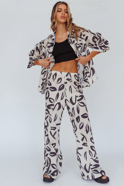 Just A Hunch Button Shirt Leaf Print Beige