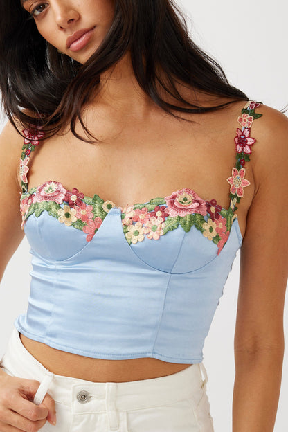 Rose Garden Floral Applique Crop Top Blue