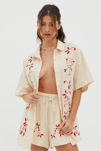 Ciao Ciao Embroidered Button-Up Shirt Oat