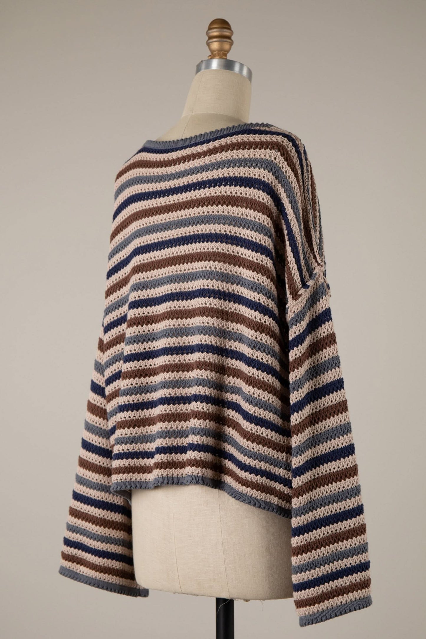 Angie Taupe Multi Striped Crochet Sweater