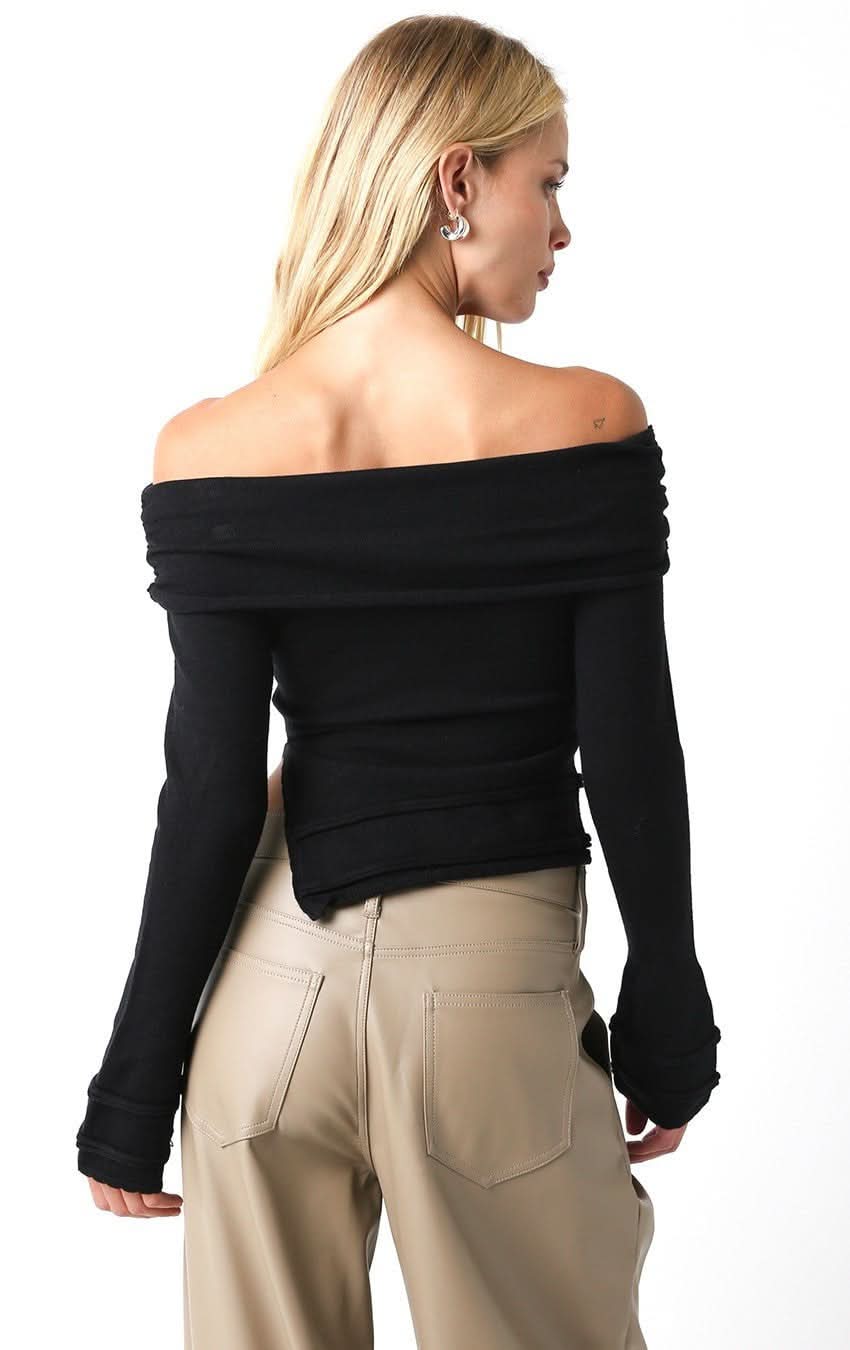 Andrea Black Off Shoulder Asymmetric Sweater Top