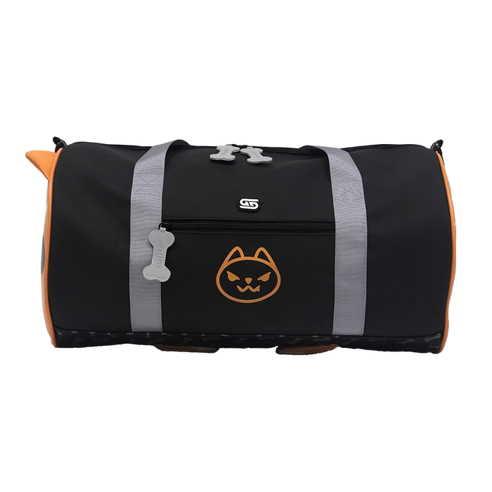 Black duffel bag with orange accents and a cat face design