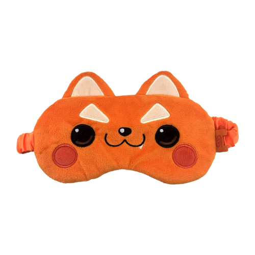 An orange plush sleep mask shaped like a cute cartoon fox face, with embroidered black eyes, a small black nose, white triangular ears, and red circular cheeks, shown on a plain white background.