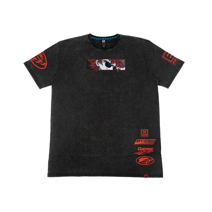 A black mineral-wash short-sleeve t-shirt with red and white graphic prints, including a central rectangular graphic and multiple logos on the sleeves and lower front, displayed against a plain white background.