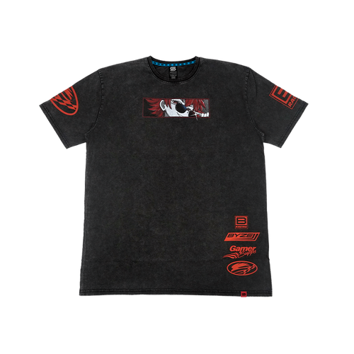 A black mineral-wash short-sleeve t-shirt with red and white graphic prints, including a central rectangular graphic and multiple logos on the sleeves and lower front, displayed against a plain white background.