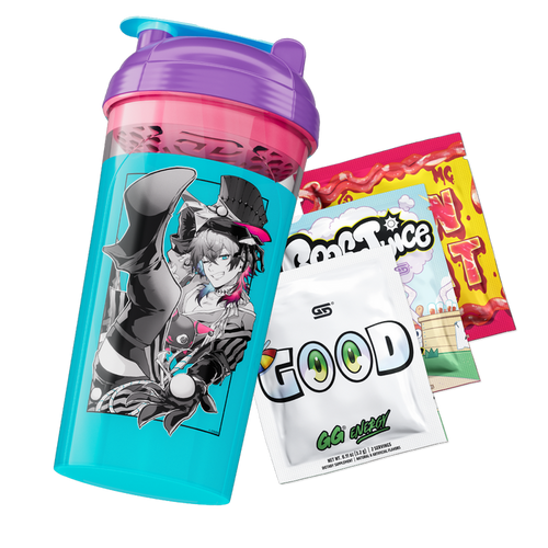 A clear plastic shaker bottle with a purple lid and a bright turquoise body printed with an anime character, shown alongside two snack pouches on a plain white background.